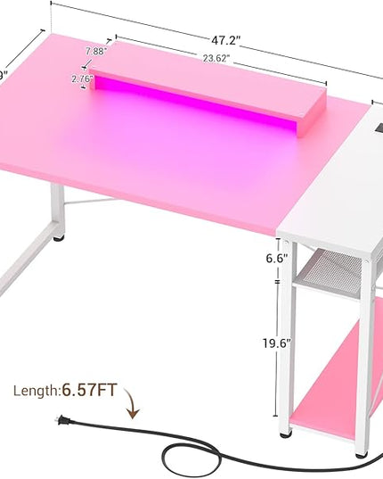 armocity 47 Gaming Computer Desk with LED Lights, Power Outlet and USB, Reversible Laptop Table with Moveable Monitor Stand for Small Spaces, Office, Gaming Room, Pink and White - LeafyLoom
