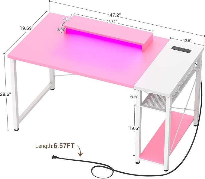 armocity 47 Gaming Computer Desk with LED Lights, Power Outlet and USB, Reversible Laptop Table with Moveable Monitor Stand for Small Spaces, Office, Gaming Room, Pink and White - LeafyLoom