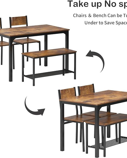 soges 4 Pieces Dining Table Set, 43.3 inch Kitchen Table Set for 4, Dining Set with 2 Chairs and Bench with Storage Rack, Nesting Furniture Set for Dining Room, Kitchen, Restaurant, Rustic Brown - LeafyLoom