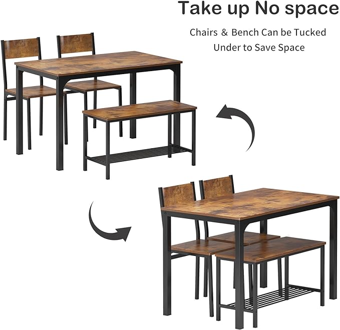soges 4 Pieces Dining Table Set, 43.3 inch Kitchen Table Set for 4, Dining Set with 2 Chairs and Bench with Storage Rack, Nesting Furniture Set for Dining Room, Kitchen, Restaurant, Rustic Brown - LeafyLoom