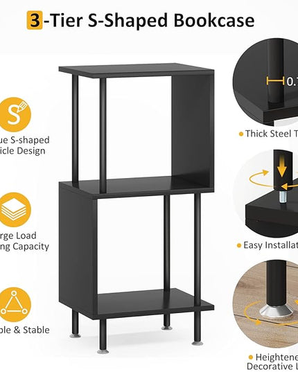 3 Tier Modern Bookshelf, S-Shaped Bookcase,Small Book Shelf for Small Spaces, Unique Bookshelf for Storage Organizer Living Room Bedroom Home Office, Black - LeafyLoom