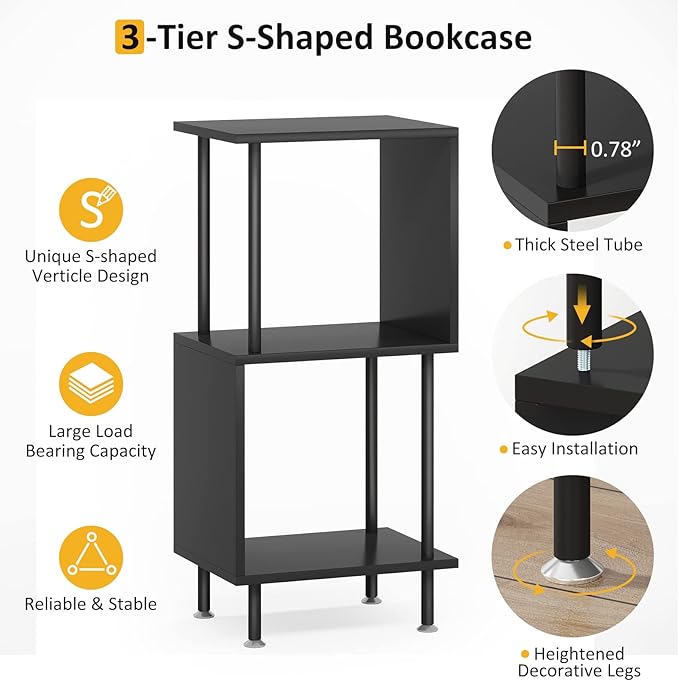 3 Tier Modern Bookshelf, S-Shaped Bookcase,Small Book Shelf for Small Spaces, Unique Bookshelf for Storage Organizer Living Room Bedroom Home Office, Black - LeafyLoom