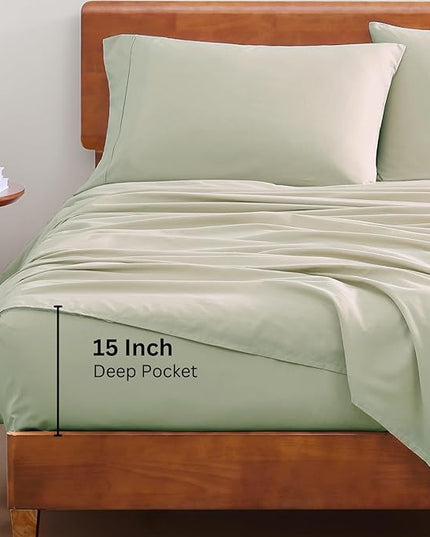 LANE LINEN 100% Organic Cotton Twin Sheets, 3Pc Twin Size Sheets, Breathable Twin Size Sheets for Boys, Luxury Hotel Sheets, 15" Deep Twin Size Fitted Sheet, Percale Weave - Mineral - LeafyLoom