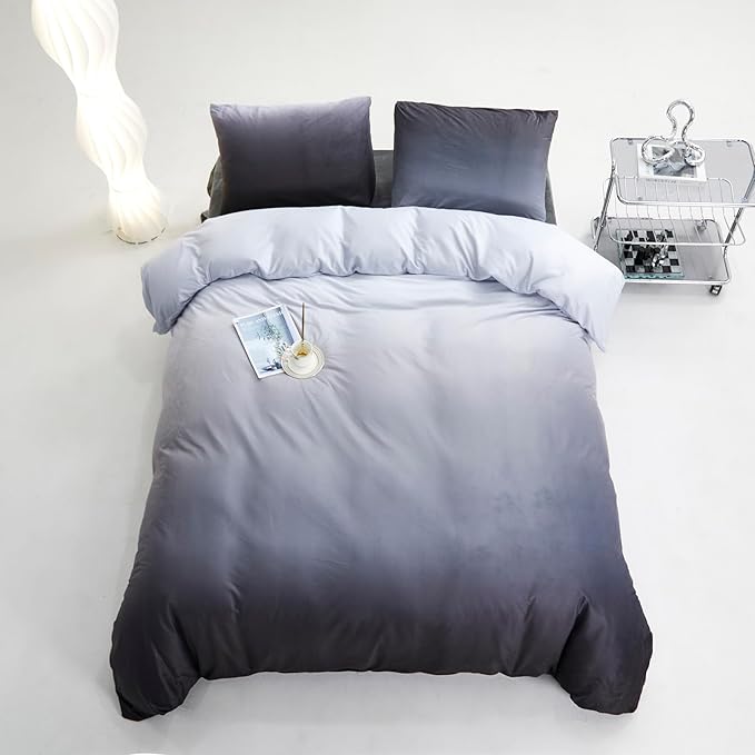 Gray White Gradient Comforter Set Cal King Gray Velvet Bedding Comforter Modern Plain White and Deep Gray Gradient Soft Quilt Farmhouse Flannel Comforter Warm California King Bed Comforter - LeafyLoom