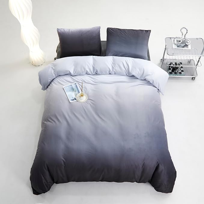 Gray White Gradient Comforter Set Twin Gray Velvet Bedding Comforter Modern Plain White and Deep Gray Gradient Soft Quilt Farmhouse Flannel Comforter Warm Twin Bed Comforter - LeafyLoom