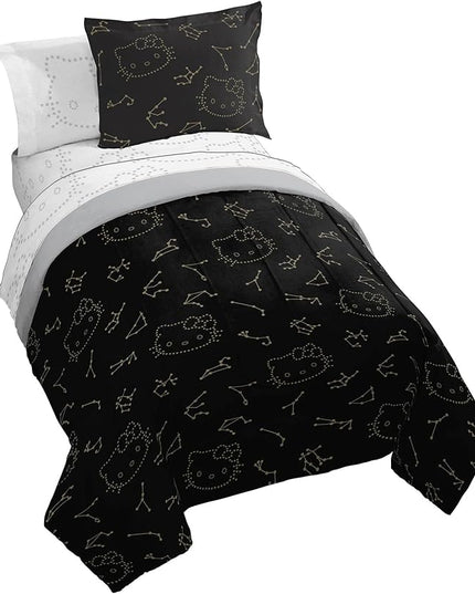 Jay Franco Hello Kitty Stars Twin Comforter Set - 5 Piece Bedding includes Sheet Set & Pillow Covers - Super Soft Zodiac Black & Gold Bedding - LeafyLoom
