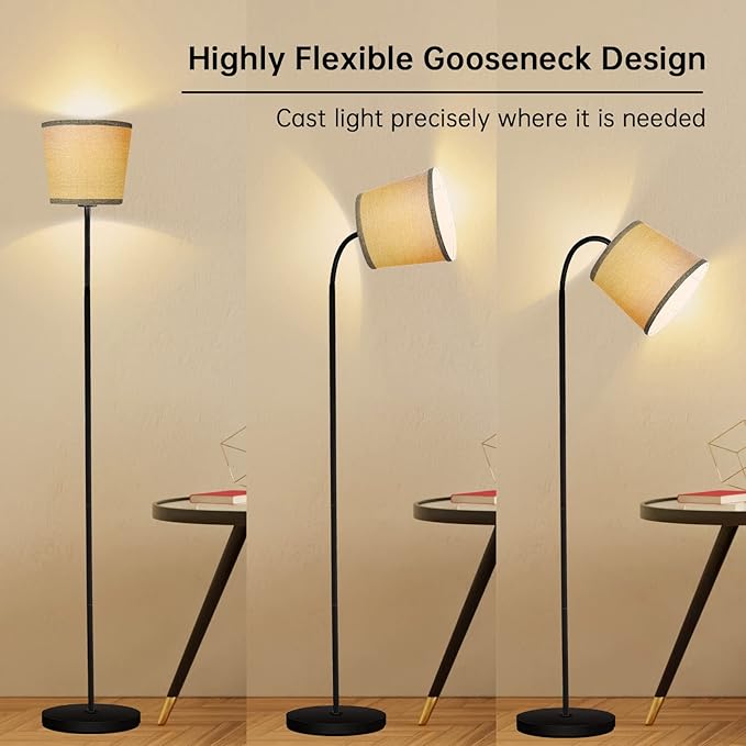 LED Floor Lamp, Standing Lamp for Living Room with Linen Lamp Shade,Adjustable Gooseneck Modern Reading Light,Floor Lamps for Bedroom,Office,Farmhouse,12W LED Bulb Included - LeafyLoom