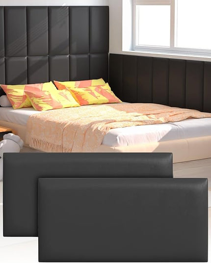 Peel and Stick Headboard for Twin and king in Black Headboard panels for wall, 3D Anti-Collision Wall Panel, Self-Adhesive Bedroom/Living Room Upholstered Wall Panel (4 Panels/11.8" x 23.6") - LeafyLoom