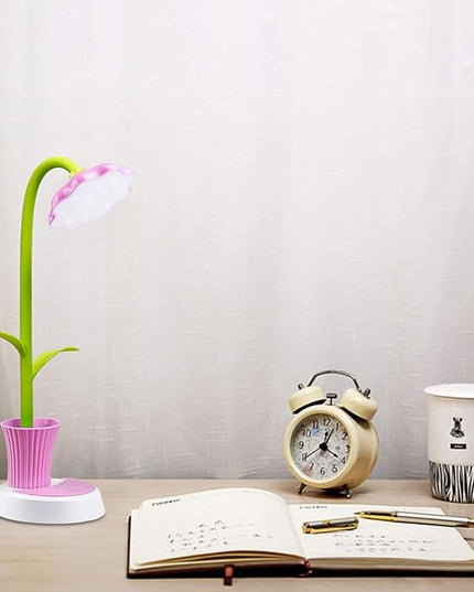 Desk Lamp for Kids Sunflower LED Charging Table Lamp Support Eye Protection Small Desk Folding for Reading,Study and Office, Adjustable Brightness - Pink - LeafyLoom
