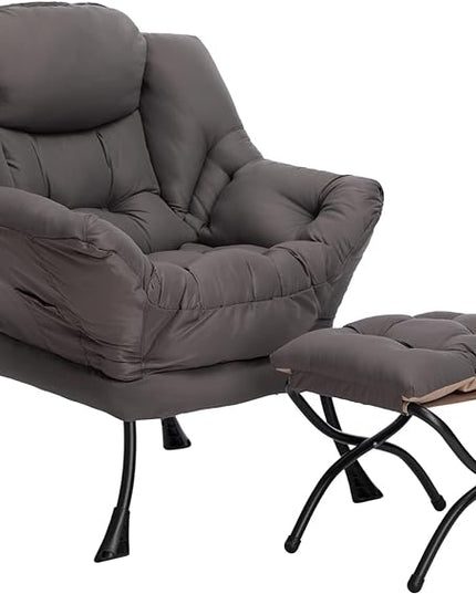 HollyHOME Fabric Lazy Chair with Foldable Ottoman, Accent Comfy Lounge Arm Chair and Folding Footrest Stool Set, Leisure Sofa Reading Chair and Footstool for Living Room, Bedroom, Dorm, Dark Grey - LeafyLoom
