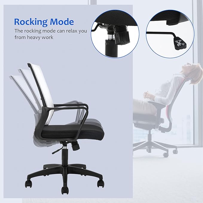 Office Chair Ergonomic Desk Task Chair Mesh Computer Chair Mid-Back Mesh Home Office Swivel Chair Modern Executive Chair with Wheels Armrests Lumbar Support(White) - LeafyLoom
