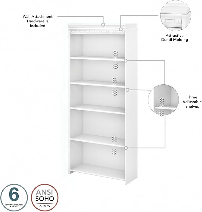 Bush Furniture Fairview Tall 5 Shelf Bookcase in Pure White and Shiplap Gray - LeafyLoom