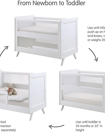 BreathableBaby Breathable Mesh 3-in-1 Convertible Crib (Toddler Bed Kit Sold Separately) — White — Two Adjustable Mattress Heights — Greenguard Gold Certified - LeafyLoom