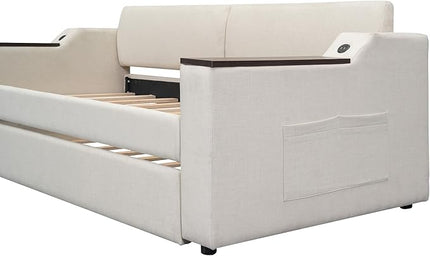 Twin Size Upholstery Daybed with Storage Arms, Trundle and USB Design, Sofa Bed Day Bed for Bedroom Living Room Guestroom, No Box Spring Needed, Beige - LeafyLoom