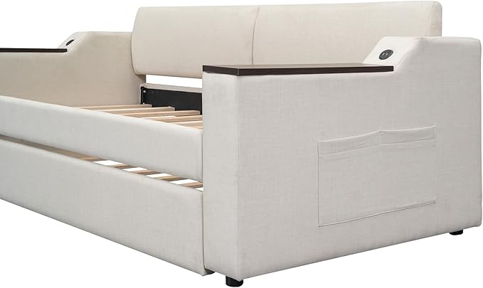 Twin Size Upholstery Daybed with Storage Arms, Trundle and USB Design, Sofa Bed Day Bed for Bedroom Living Room Guestroom, No Box Spring Needed, Beige - LeafyLoom