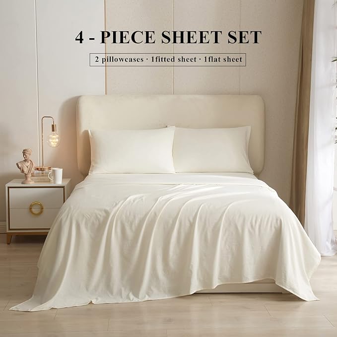 Cream White Sheets Full Size Bedding Sheets & Pillowcases Set - Cooling Sheets Full Fitted Sheets - Comfy Soft - Full Bed Sheet Set with 16 Inch Deep Pocket,Cream,Full Size 4 Piece Bedding Set - LeafyLoom