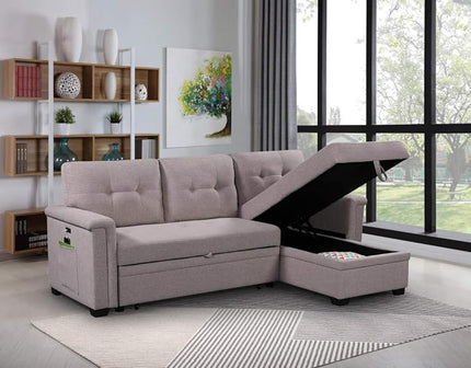 LOVMOR 84'' L-Shape Convertible Sleeper Sectional Sofa with Storage Chaise and Pull-Out Bed, Linen Upholstered Reversible Corner Couch w/USB Charger Ports and Pocket, Light Gray, 84 Inch - LeafyLoom