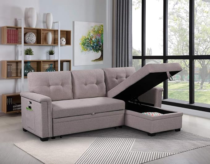 LOVMOR 84'' L-Shape Convertible Sleeper Sectional Sofa with Storage Chaise and Pull-Out Bed, Linen Upholstered Reversible Corner Couch w/USB Charger Ports and Pocket, Light Gray, 84 Inch - LeafyLoom