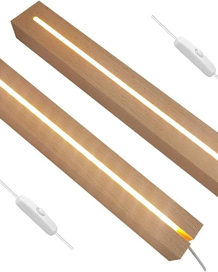 2Pcs 11.8" Rectangle Wooden Display Stand, Warm Light Wooden Lighted Base Wood Rectangle Led Display Pedestal Wood Night LED Light Lamp Base for Crystal Glass Resin Art - LeafyLoom
