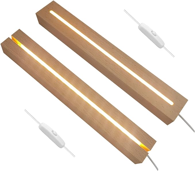 2Pcs 11.8" Rectangle Wooden Display Stand, Warm Light Wooden Lighted Base Wood Rectangle Led Display Pedestal Wood Night LED Light Lamp Base for Crystal Glass Resin Art - LeafyLoom