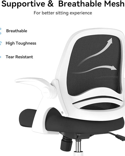 Hbada Office Chair with Flip-Up Armrests, Desk Chair with Saddle Cushion, Ergonomic Office Chair with S-Shaped Backrest, Comfy Mesh Chair for Home and Office, White - LeafyLoom