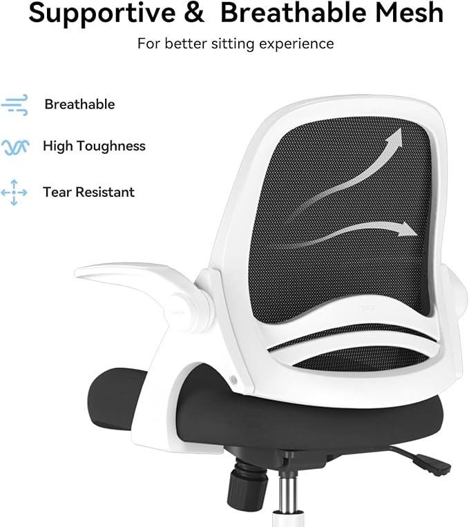 Hbada Office Chair with Flip-Up Armrests, Desk Chair with Saddle Cushion, Ergonomic Office Chair with S-Shaped Backrest, Comfy Mesh Chair for Home and Office, White - LeafyLoom