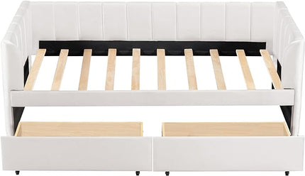 Velvet Twin Size Upholstered Daybed with Ergonomic Design Backrest & 2 Drawers, Sofa Bed w/Classic Striped Headboard for Bedroom, Living Room, Guest Room,No Box Spring Needed,Beige - LeafyLoom