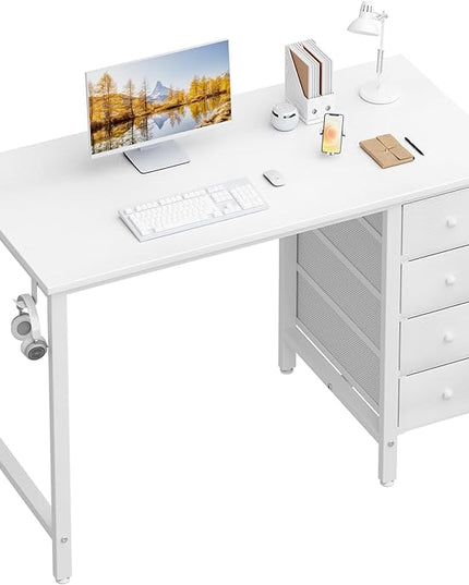 Lufeiya Small White Desk with Drawers - 40 Inch Kids Girls Teen Cute Study Desk for Bedroom Work, Computer Writing Table Desks with Fabric Drawer for Small Spaces Home Office - LeafyLoom