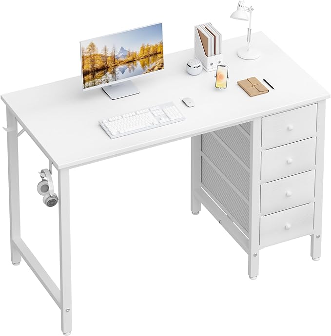 Lufeiya Small White Desk with Drawers - 40 Inch Kids Girls Teen Cute Study Desk for Bedroom Work, Computer Writing Table Desks with Fabric Drawer for Small Spaces Home Office - LeafyLoom