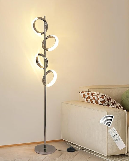 Ganeed LED Floor Lamp for Bedroom,4 Rings 40W Modern Dimmable Standing Lamp,61 in Tall Reading Light Corner Lamp with Remote Control for Living Room Office (3000-6500K/Chrome) - LeafyLoom