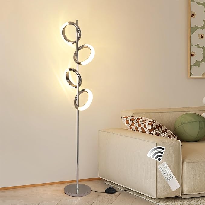 Ganeed LED Floor Lamp for Bedroom,4 Rings 40W Modern Dimmable Standing Lamp,61 in Tall Reading Light Corner Lamp with Remote Control for Living Room Office (3000-6500K/Chrome) - LeafyLoom