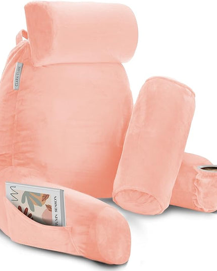 Clara Clark Reading Pillow, Large Back Pillow for Sitting Up in Bed, Memory Foam Back Support Pillow, Reading Pillows for Sitting in Bed Adult, Peach Sit Up Pillow for Bed Chair with Arms and Pockets - LeafyLoom