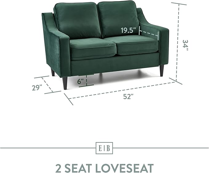 Edenbrook Jensen Upholstered Loveseat – Green Velvet Loveseat - Living Room Furniture - Small Loveseat- Seats Two - Scoop Arm Modern Couch - Couches - LeafyLoom