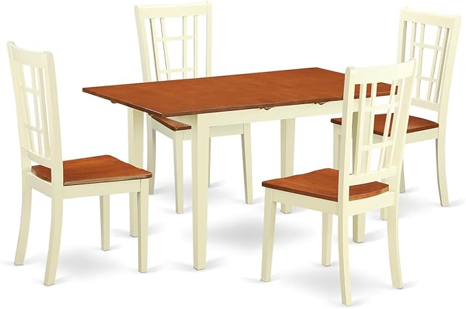 East West Furniture NONI5-WHI-W 5 Piece Kitchen Table Set for 4 Includes a Rectangle Dining Room Table with Butterfly Leaf and 4 Dining Chairs, 32x54 Inch, Buttermilk & Cherry - LeafyLoom
