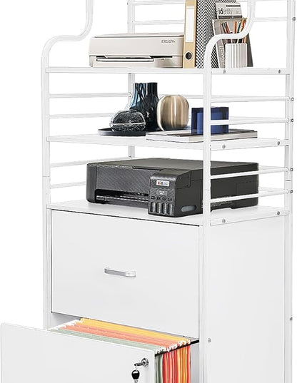 Vertical File Cabinet, 2 Drawer Mobile Filing Cabinet with 3 Bookshelf, Printer Stand with Open Storage Shelves Fits A4/Letter/Legal Size File Cabinets for Home Office Organizer, White - LeafyLoom
