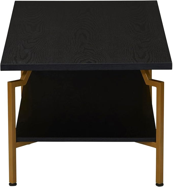 Household Essentials Crown Rectangular Coffee Table with Storage Shelf Black Oak Wood Grain and Gold Metal - LeafyLoom