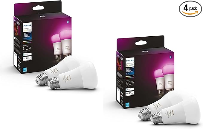 Philips Hue Smart 60W A19 LED Bulb - White and Color Ambiance Color-Changing Light - 4 Pack - 800LM - E26 - Indoor - Control with Hue App - Works with Alexa, Google Assistant and Apple Homekit PhilipsHue