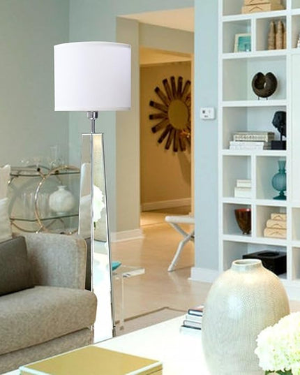 Silver Mirror Floor Lamp, Standing Decorative Lamp with Hexagon Shaped Glass Base, White Round Linen Shade, 49" Height for Living Room Bedroom, Modern Art Decor (9W LED Bulb Included) - LeafyLoom
