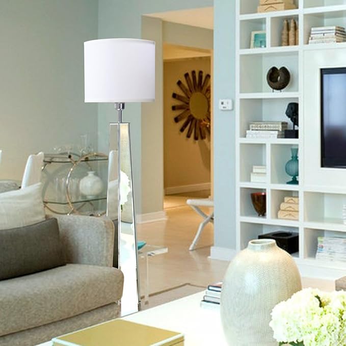 Silver Mirror Floor Lamp, Standing Decorative Lamp with Hexagon Shaped Glass Base, White Round Linen Shade, 49" Height for Living Room Bedroom, Modern Art Decor (9W LED Bulb Included) - LeafyLoom