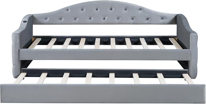 Twin Size Velvet Tufted Upholstered Daybed with Trundle, Modern Solid Wood Sofa Bed w/USB & Type-C Charging Ports, for Bedroom Living Room, No Box-spring Needed, Gray - LeafyLoom