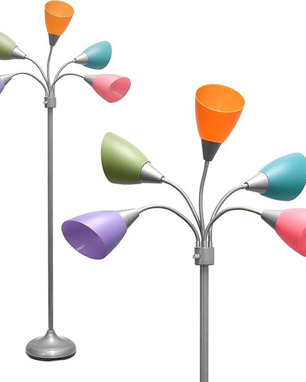Simple Designs LF2006-SLM 67" Contemporary Multi Head Medusa 5 Light Adjustable Gooseneck Silver Floor Lamp with Fun Light Multicolored Shades for Kids Bedroom Playroom Living Room Office - LeafyLoom