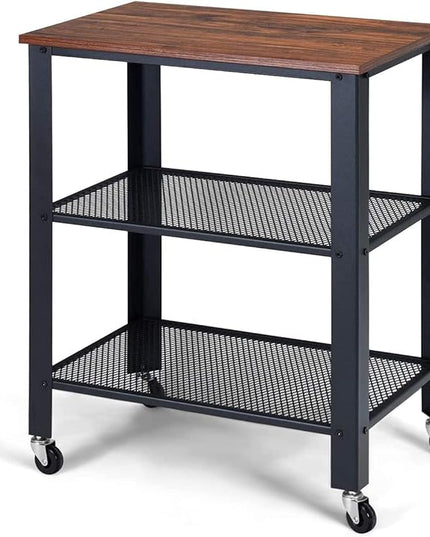Kitchen Cart, Industrial Microwave Cart, 3-Tier Rolling Utility Cart on Wheels with Metal Frame Wooden Table and Two Grid Storage Shelves for Kitchen and Living Room, Bedroom (Brown) - LeafyLoom