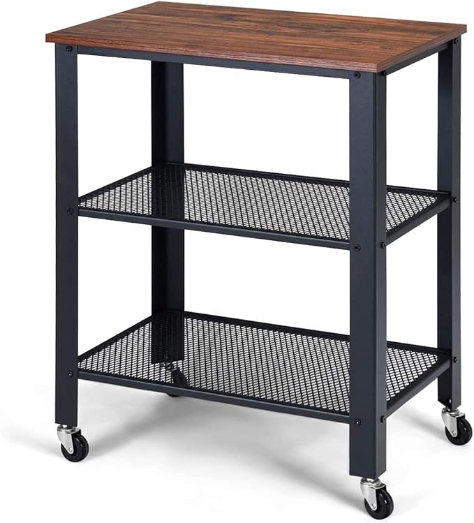 Kitchen Cart, Industrial Microwave Cart, 3-Tier Rolling Utility Cart on Wheels with Metal Frame Wooden Table and Two Grid Storage Shelves for Kitchen and Living Room, Bedroom (Brown) - LeafyLoom