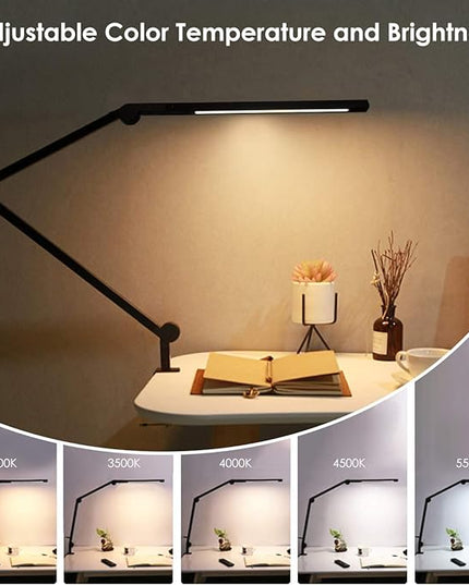 Desk Lamp with Clamp | Swing Arm Desk Light | Eye Caring Table Lamp, Dimmable, 5 Color Modes, Memory, Timer | Modern Architect Desk Lamps for Home Office Study Work Task Drafting Workbench - LeafyLoom