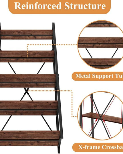 BON AUGURE Ladder Shelf Bookcase, 5-Tier Industrial Ladder Bookshelf, Tall Living Room Shelves, Wood and Metal Leaning Shelf for Home Office, Kitchen, Bedroom, Balcony (Rustic Oak) - LeafyLoom