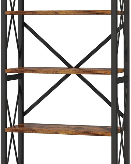 5-Tier Bookshelf,Wood Bookcase,Book Shelf with Steel Frame, Storage Rack with Open Shelves, Rustic Standing Bookshelves Ladder Shelf 110lbs/shelf for Bedroom,Living Room and Home Office - LeafyLoom