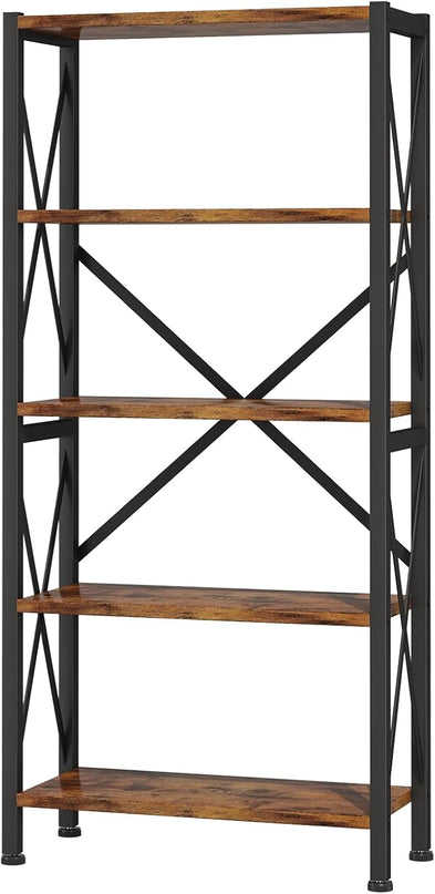 5-Tier Bookshelf,Wood Bookcase,Book Shelf with Steel Frame, Storage Rack with Open Shelves, Rustic Standing Bookshelves Ladder Shelf 110lbs/shelf for Bedroom,Living Room and Home Office - LeafyLoom