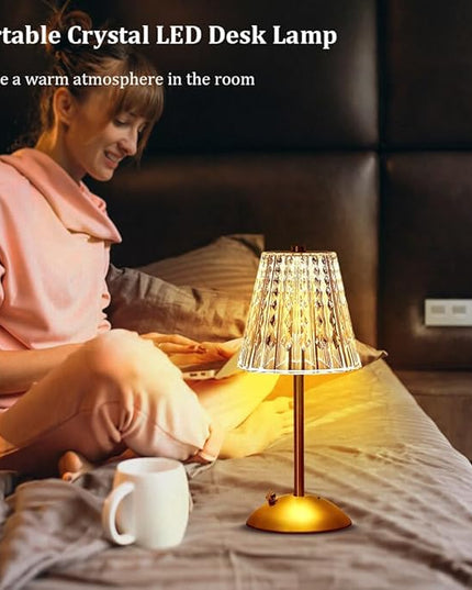 Portable Crystal LED Table Lamp, 3-Levels Brightness Desk Lamp, 3 Color Touch Control Rechargeable Lamp, Night Light, Bedside Lamp,Dining Room Lamp (Gold) - LeafyLoom