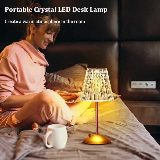 Portable Crystal LED Table Lamp, 3-Levels Brightness Desk Lamp, 3 Color Touch Control Rechargeable Lamp, Night Light, Bedside Lamp,Dining Room Lamp (Gold) - LeafyLoom