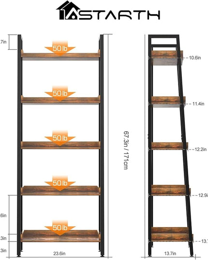 ASTARTH Ladder Shelf-5 Tier Bookshelves w/Open Shelf for Storage, Industrial Bookshelf & Tall Ladder Shelf-Metal Frame for Bedroom, Living Room, Kitchen-67.3'' H, Easy Assembly, Rustic Brown - LeafyLoom